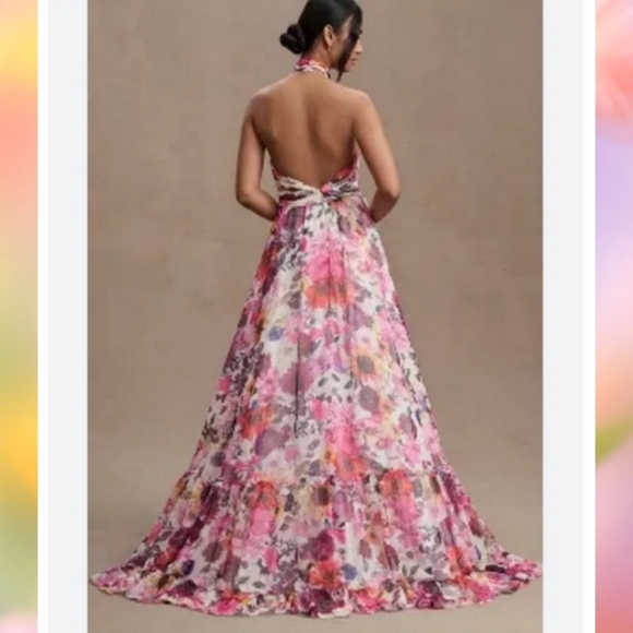 Mac Duggal ASYMMETRICAL RUFFLED HALTER FLORAL GOWN size 14 - Picture 9 of 14